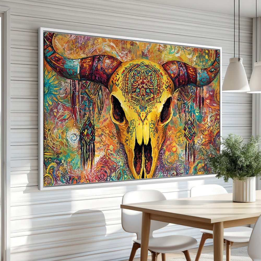 Framed Wall Art: Colorful boho bull skull canvas print. Vibrant yellows, oranges, and turquoise. Perfect statement piece for your home!