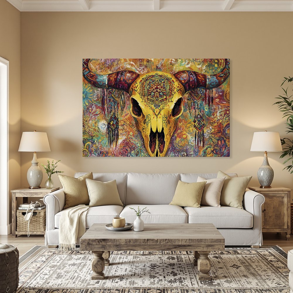 Framed Wall Art: Vibrant, bohemian-style Canvas Print of a bull skull. Colorful artwork with a warm, earthy palette. Perfect for adding personality!