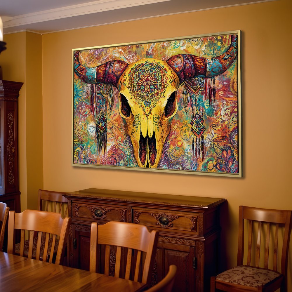 Boho Canvas Print: Colorful bull skull art in a living room. Vibrant, abstract style with yellow, red, and teal tones. Elevate your space!