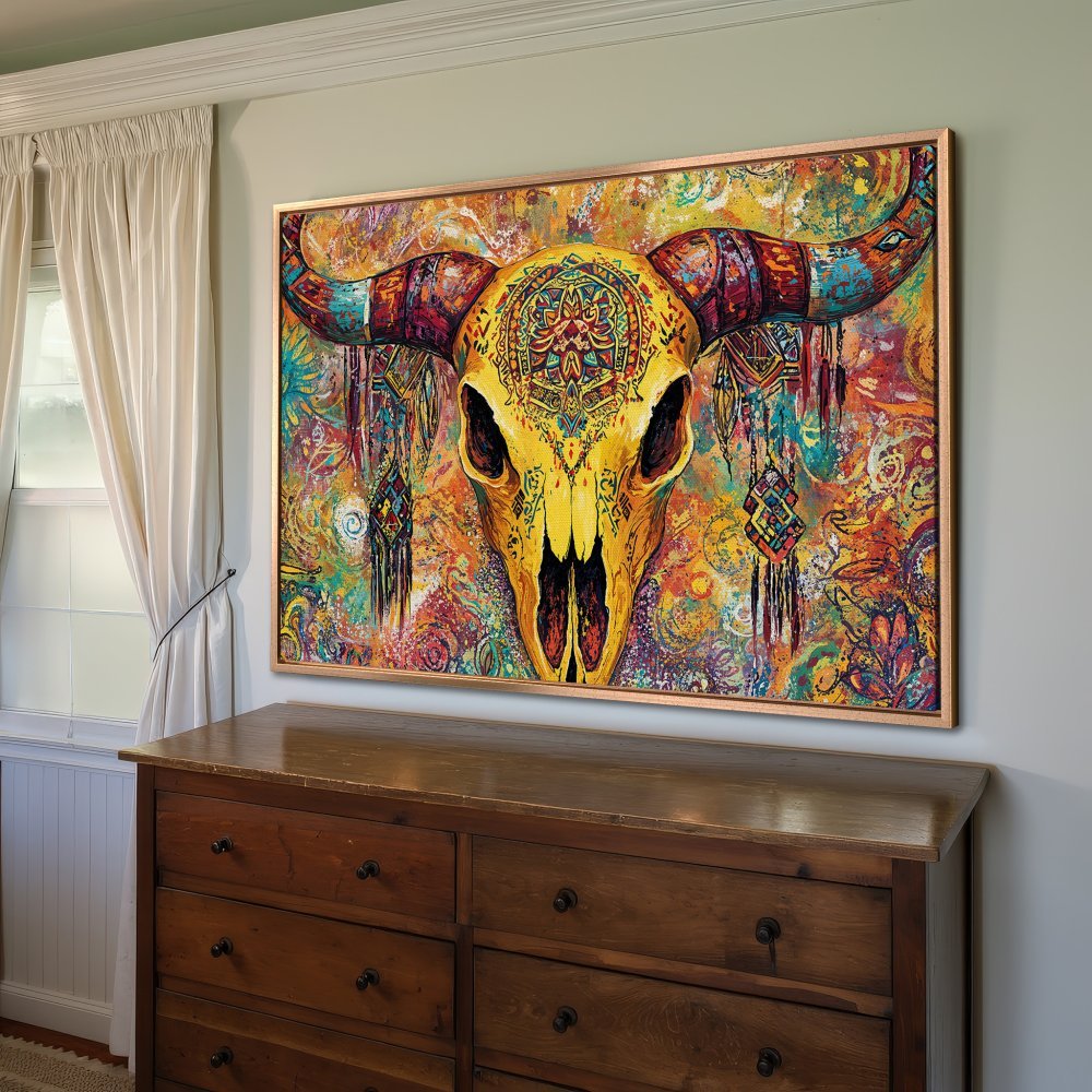 Framed Wall Art: Colorful bull skull canvas print. Boho style with vibrant yellows, oranges, and teals. Perfect statement piece for your home!
