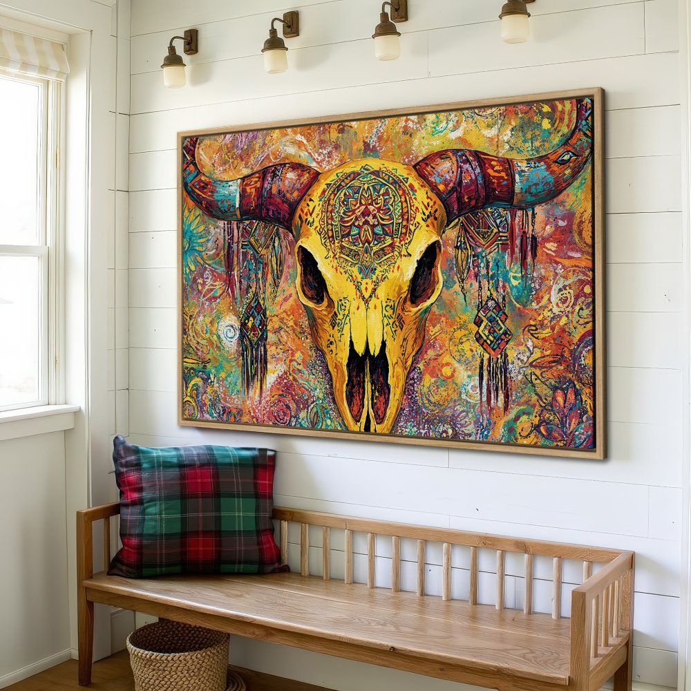 Framed Wall Art featuring a vibrant, bohemian-style bull skull in a colorful, warm palette. Add a touch of Southwestern flair to your home!