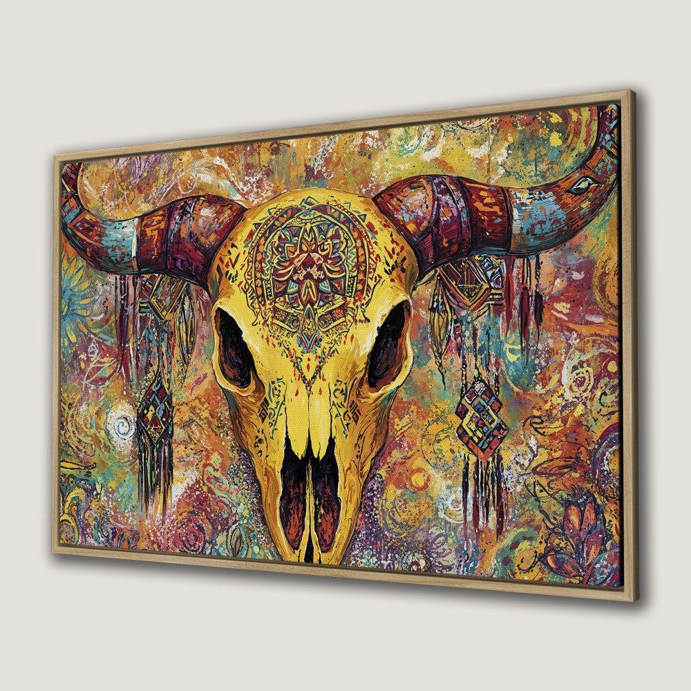 Bohemian Canvas Print featuring a vibrant, colorful bull skull. Perfect wall art with a warm, earthy palette.