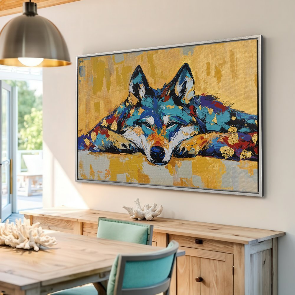 Framed Wall Art: Abstract wolf portrait in vibrant blues, golds, and reds. Add a touch of wild beauty to your space with this stunning Canvas Print.