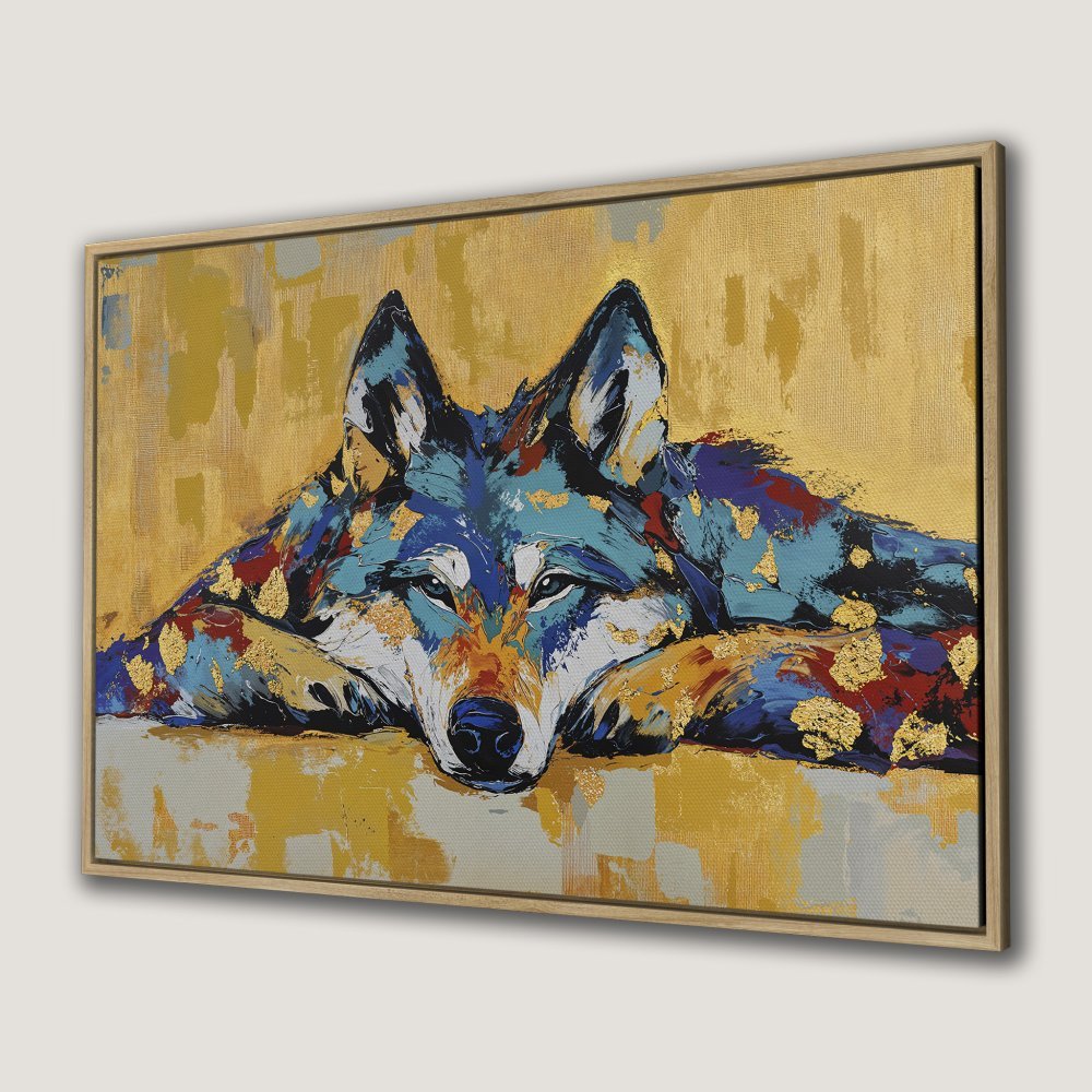 Framed Wall Art: Abstract wolf painting in blue, gold, and red. Add a touch of wild to your home decor with this stunning Canvas Print.