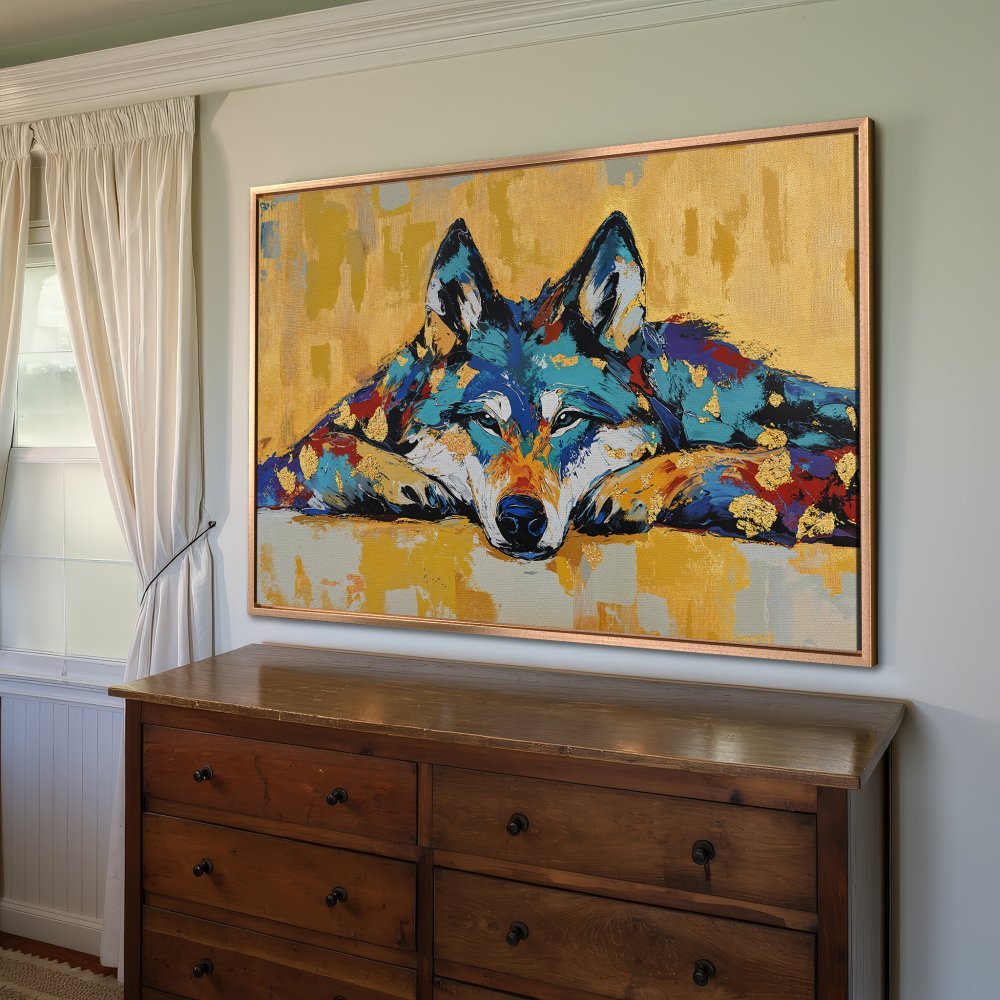 Framed Wall Art: Abstract wolf portrait in blue, gold, and red hues. Add a touch of modern art to your space!