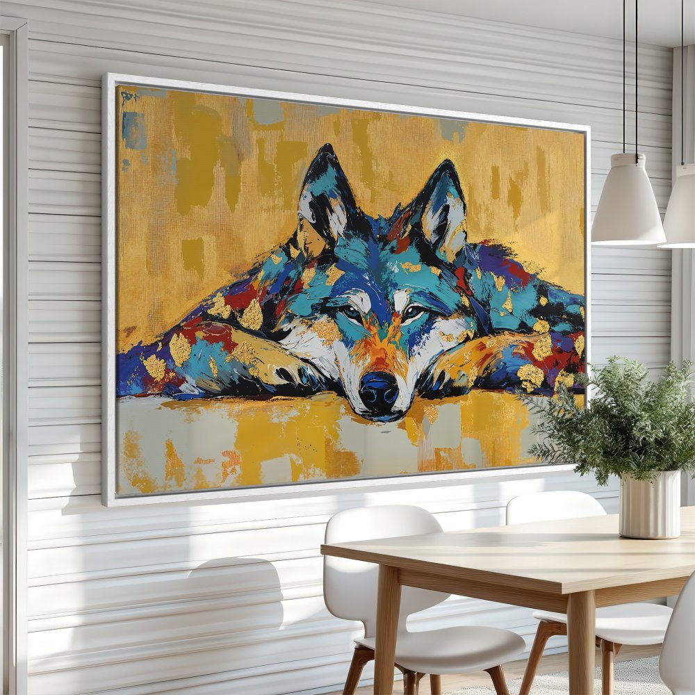 Framed Wall Art: Colorful wolf painting in a modern style, featuring blue, gold, and yellow hues. Perfect for adding a pop of art to your space!
