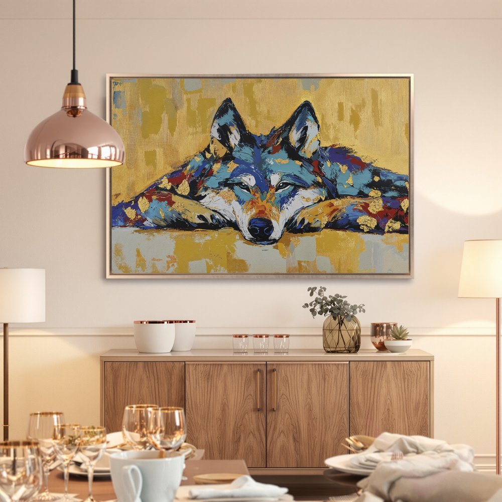 Framed Wall Art: Majestic wolf painting in vibrant blues, yellows, and golds. Abstract style Canvas Print for a stunning interior decor statement.