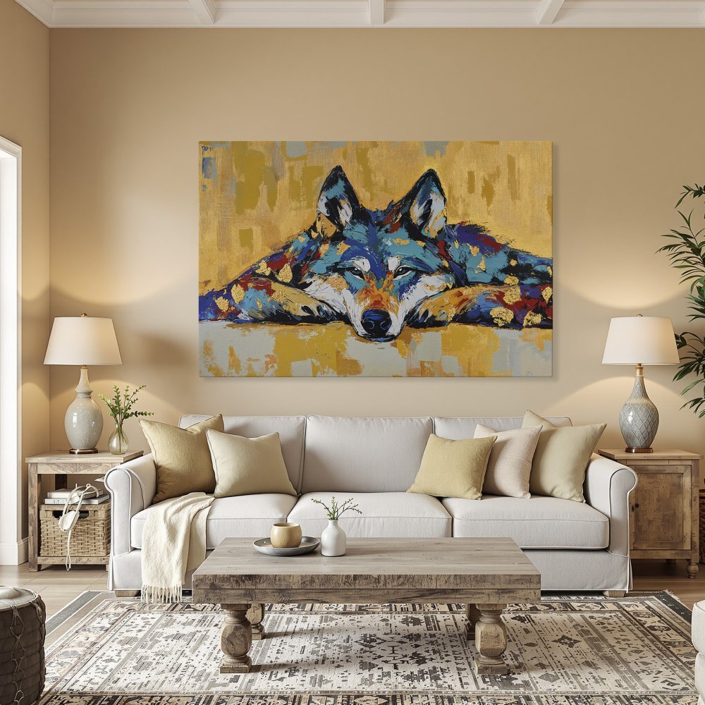Framed Wall Art: Colorful wolf painting in a modern style, featuring blue, gold, and yellow hues. Perfect for adding a focal point to any room.