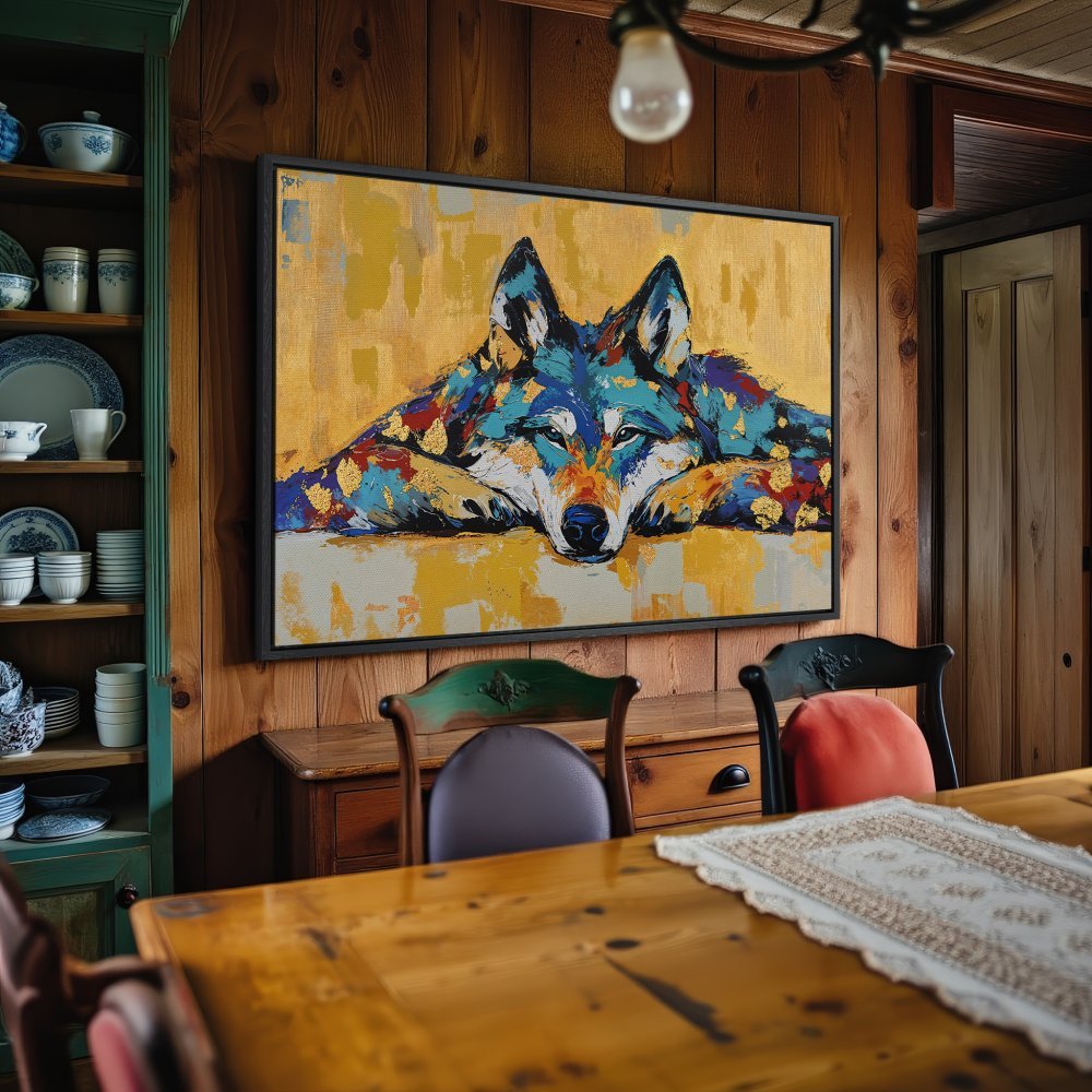 Framed Wall Art: Abstract wolf painting in blue, gold, and yellow. Modern canvas print adds artistic flair to any room.