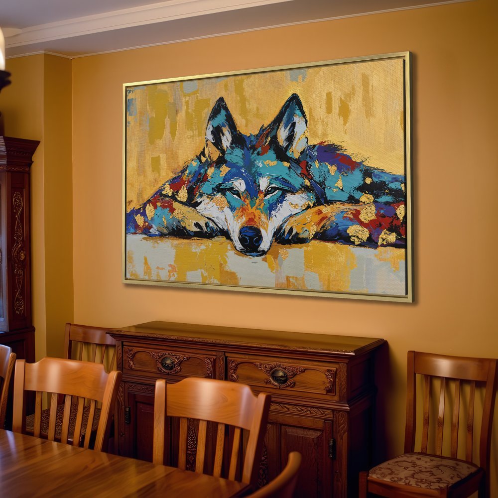 Canvas Print of a wolf in a modern style, featuring a blue, gold, and yellow color palette. Perfect for living room decor!