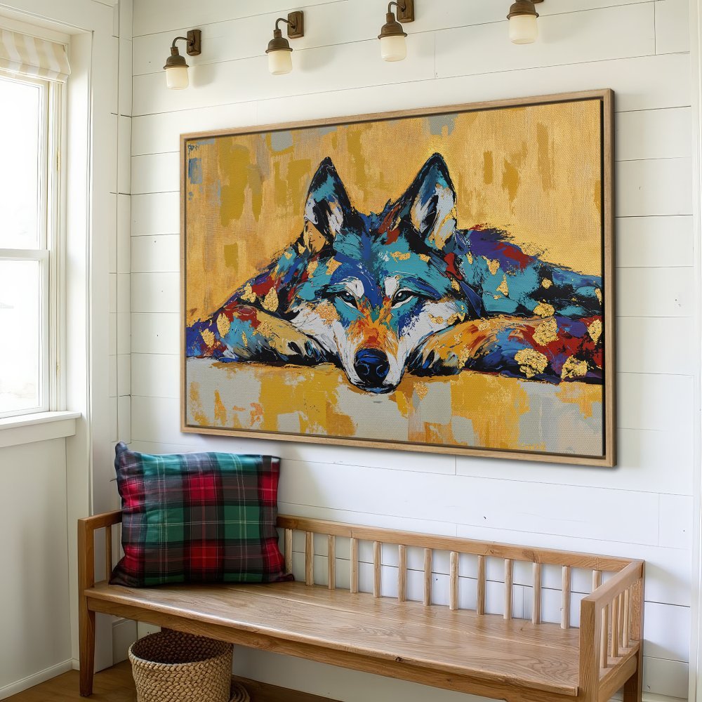 Framed Wall Art: Colorful wolf painting with gold accents. Modern canvas print in a blue, yellow, and red color palette. Perfect for home decor.