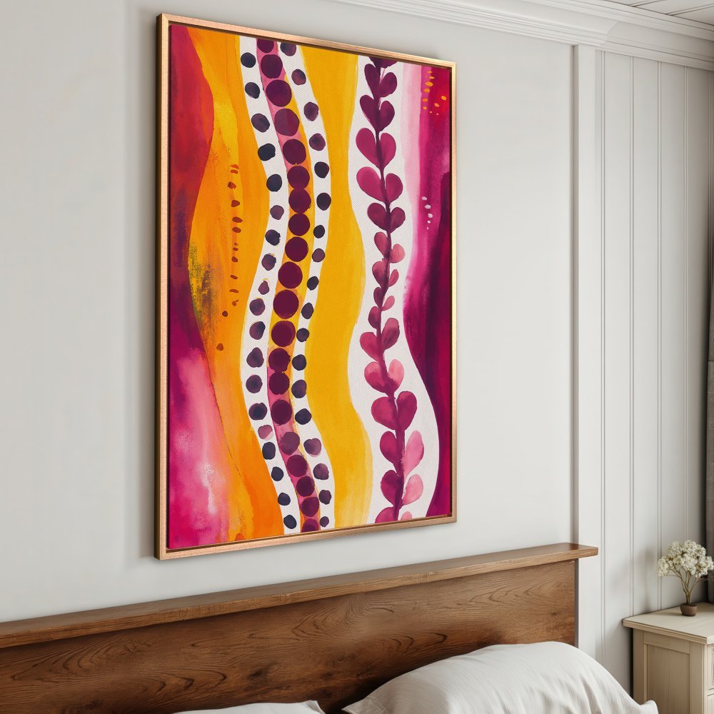 Framed Wall Art: Abstract painting with vibrant yellow, pink, and purple colors. Modern art canvas print adds a pop of color and style to any room.