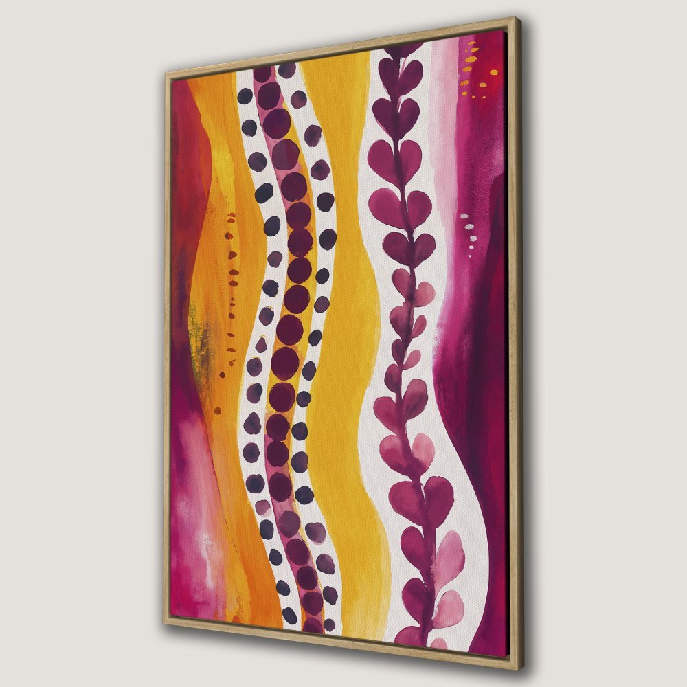 Abstract Canvas Print with vibrant yellow, pink, and purple hues. Modern wall art featuring flowing lines and organic shapes for a stylish interior.