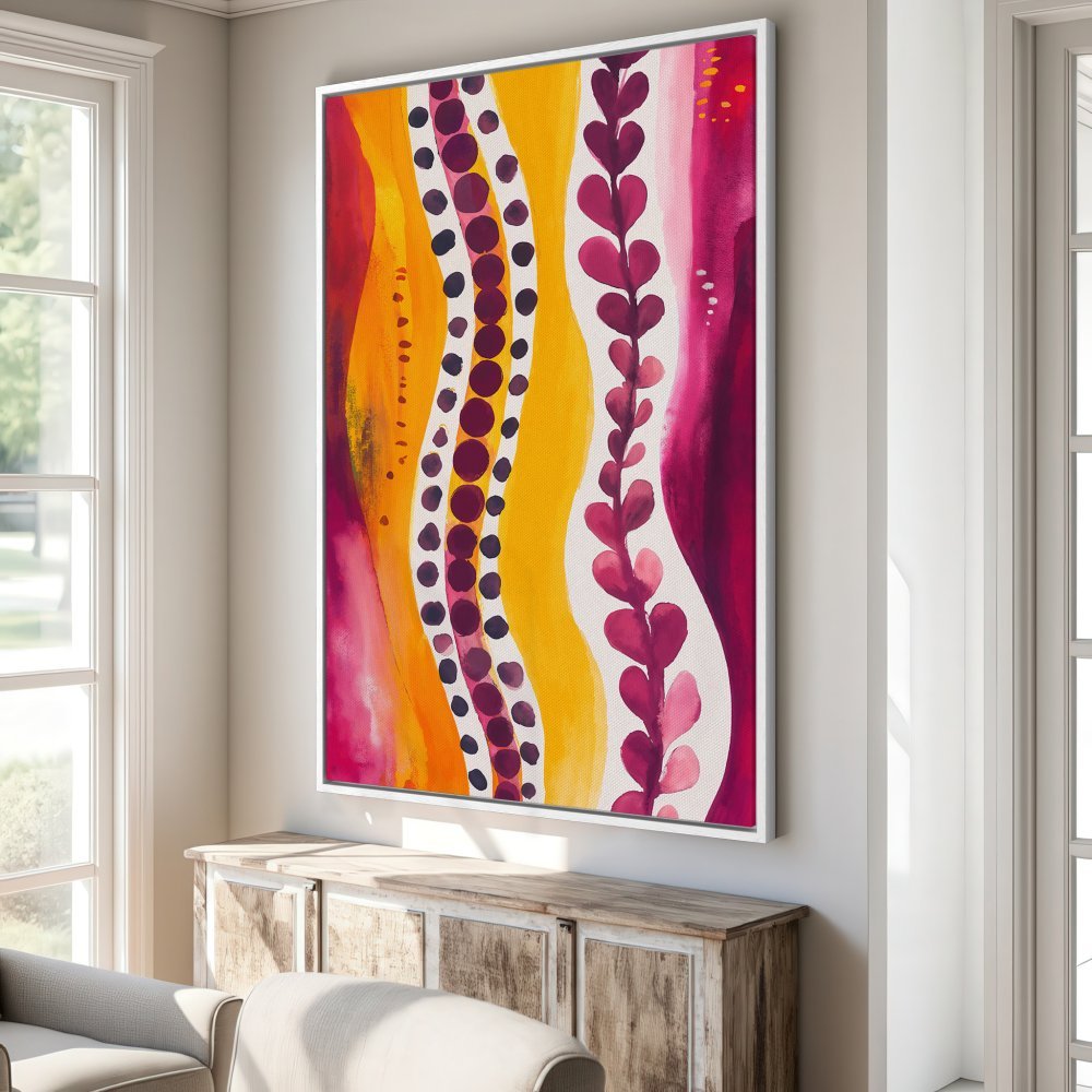 Abstract Canvas Print with vibrant yellow, orange, and magenta hues. Modern art style, perfect for adding a pop of color to your home decor.