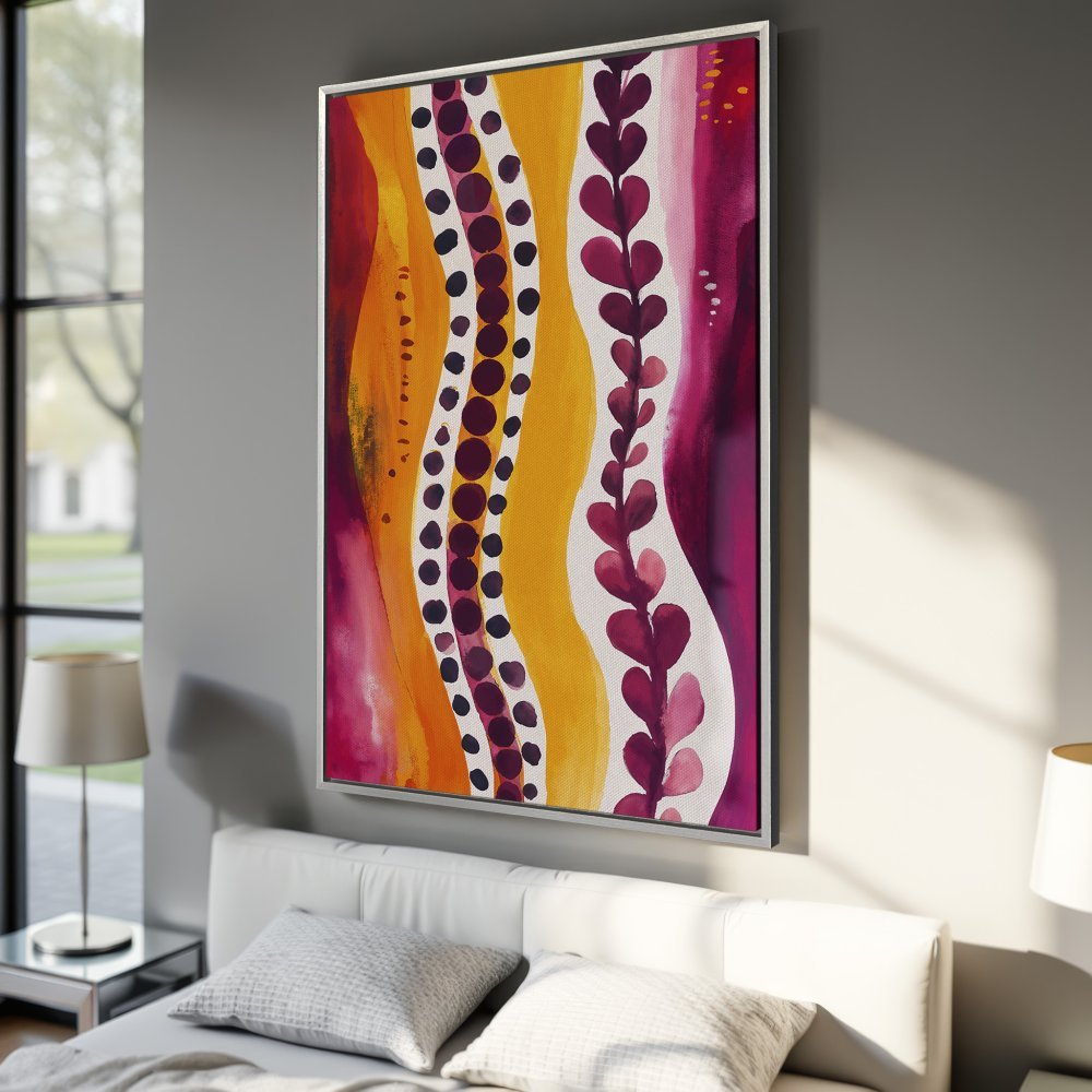 Framed Wall Art: Abstract watercolor print in warm tones (orange, yellow, purple) adds a pop of color to any space. Modern art for your home.