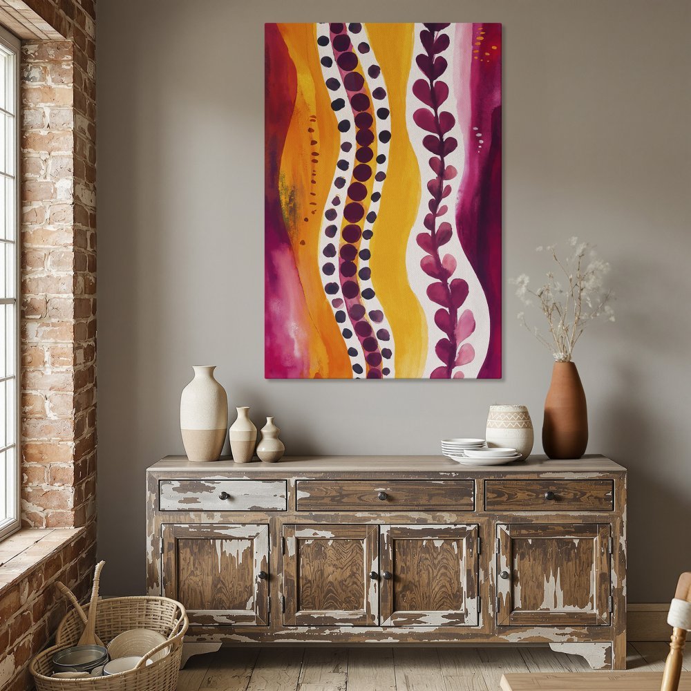Framed Wall Art: Abstract watercolor painting in warm tones of yellow, orange, and pink. Modern art for dining room decor.