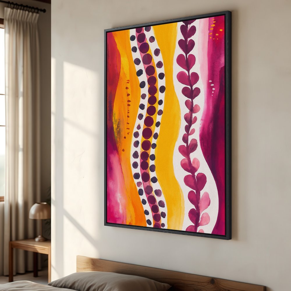 Framed Wall Art: Abstract watercolor painting in vibrant yellow, orange, and pink hues. Perfect for adding a pop of color to your home decor.