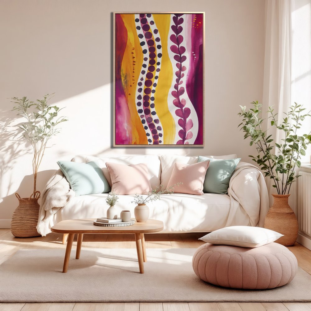 Framed Wall Art: Abstract floral canvas print in vibrant pink, yellow, and purple. Modern art for living room decor.