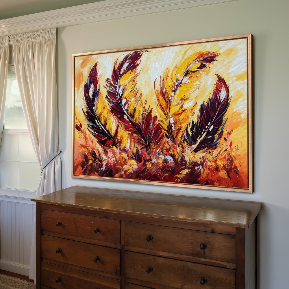Framed Wall Art: Abstract feather painting in warm yellow, red, and orange tones. Modern art for home decor.