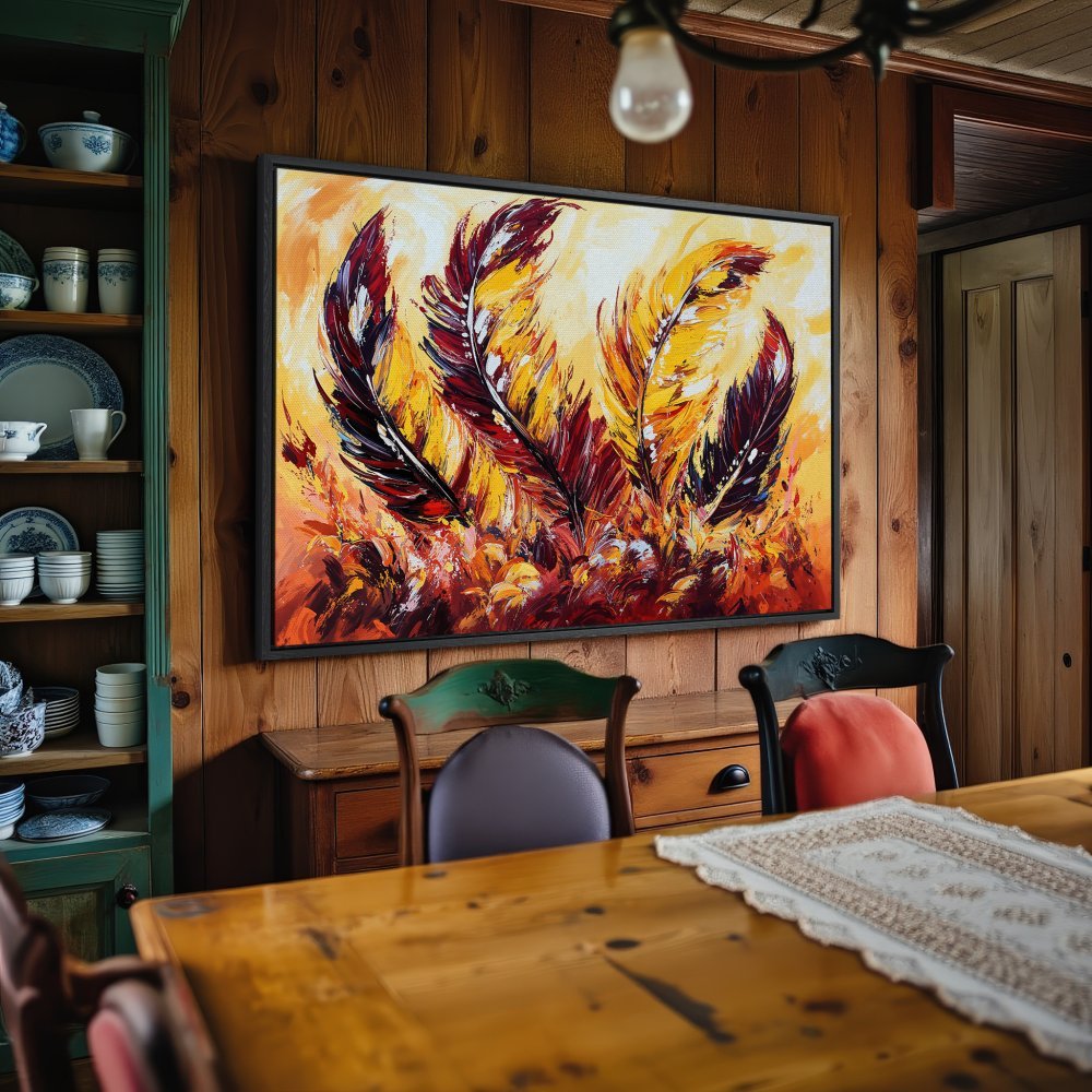 Framed Wall Art: Abstract feather painting in warm yellow, red, and orange hues. Add vibrant art to your home with this stunning canvas print!