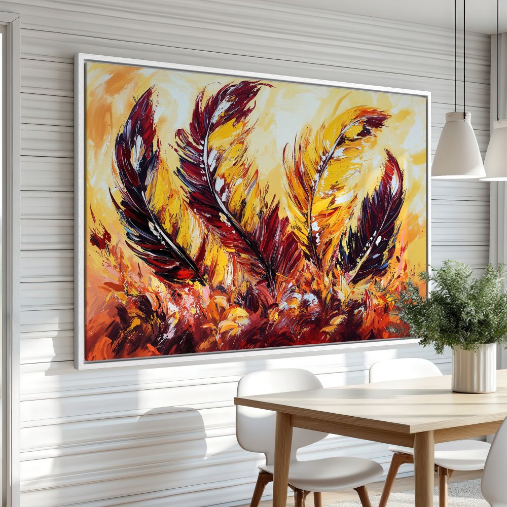Framed Wall Art: Abstract feather painting in warm yellow, red, and orange tones. Modern art for your home decor.
