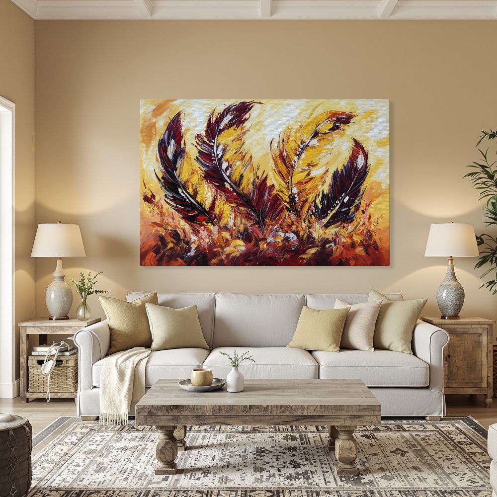 Framed Wall Art: Abstract feather painting in warm yellow, red, and black tones. Add a touch of elegance with this stunning Canvas Print.
