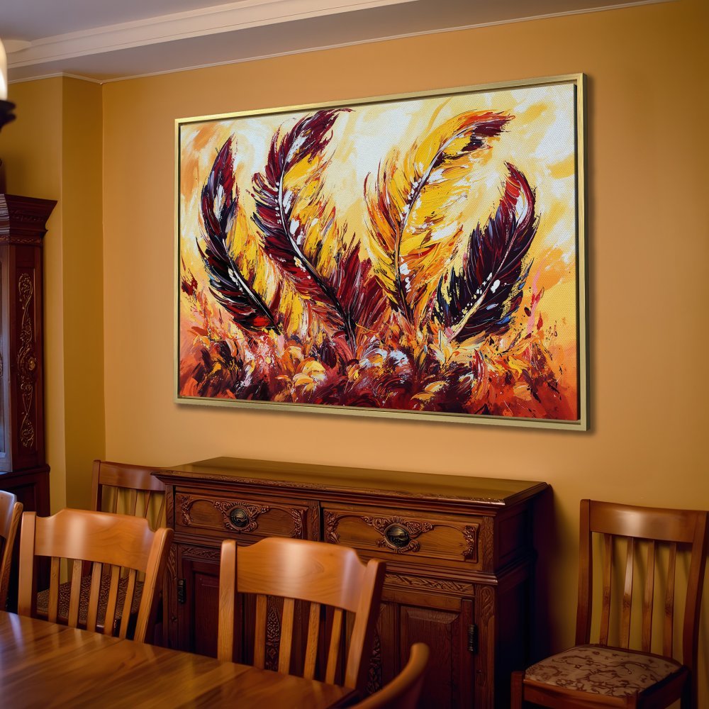 Canvas Print of vibrant feather art in warm yellow, red, and black tones. Perfect for living room decor.