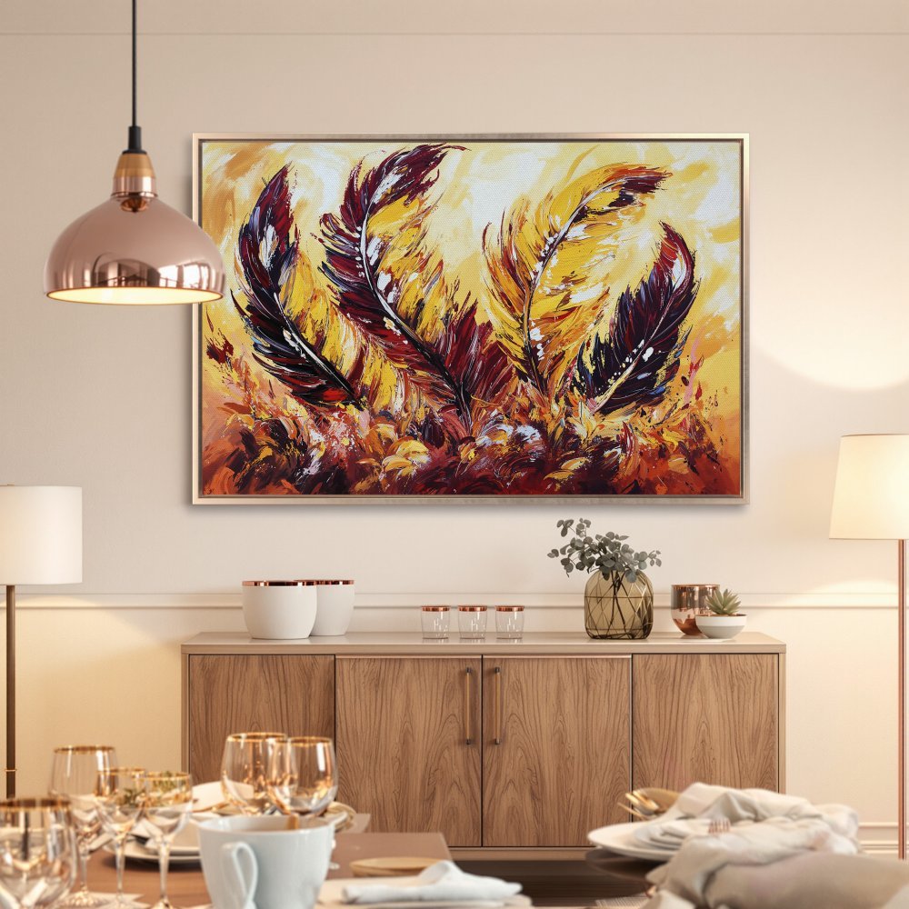 Framed Wall Art: Abstract feather painting in warm yellow, red, and black hues. Modern art canvas print adds a touch of elegance to any interior.