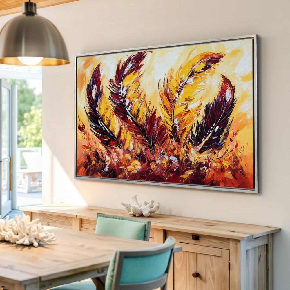 Framed Wall Art: Abstract feather painting in warm yellow, red, and orange tones. Modern art canvas print for a vibrant home decor statement.