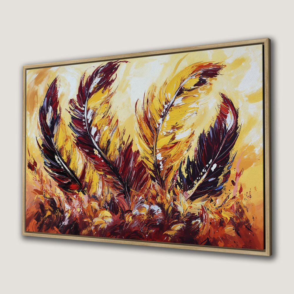 Framed Wall Art: Abstract feather painting in warm yellow, red, and brown tones. Add vibrant art to your home with this stunning canvas print.