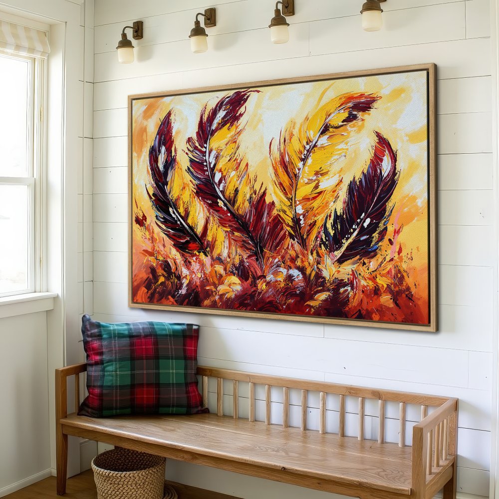 Framed Wall Art: Abstract feather painting in warm yellow, red, and orange hues. Modern art decor for living room or bedroom.