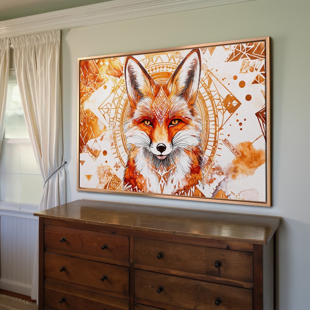 Framed Wall Art: Watercolor fox portrait in warm orange tones. Boho style canvas print perfect for living room decor.