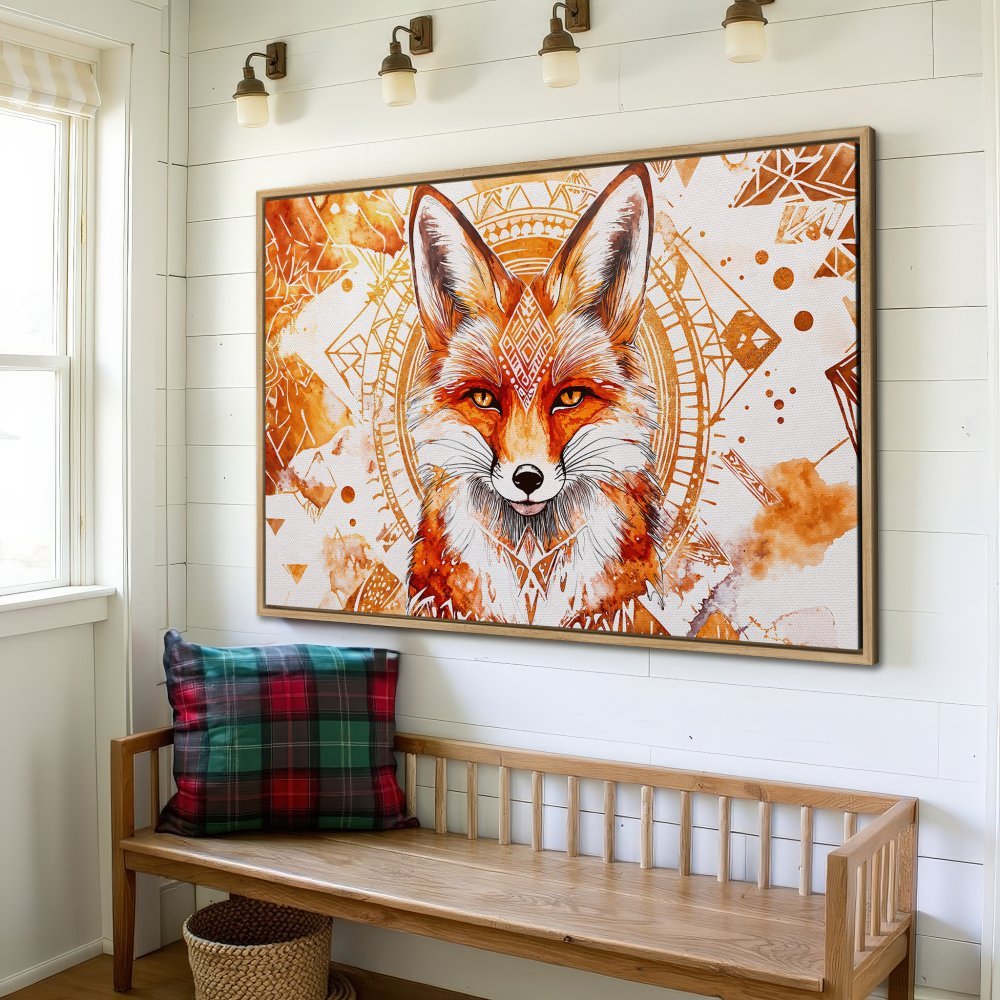 Framed Wall Art: Watercolor fox print in warm orange tones. Boho style canvas art for rustic home decor.
