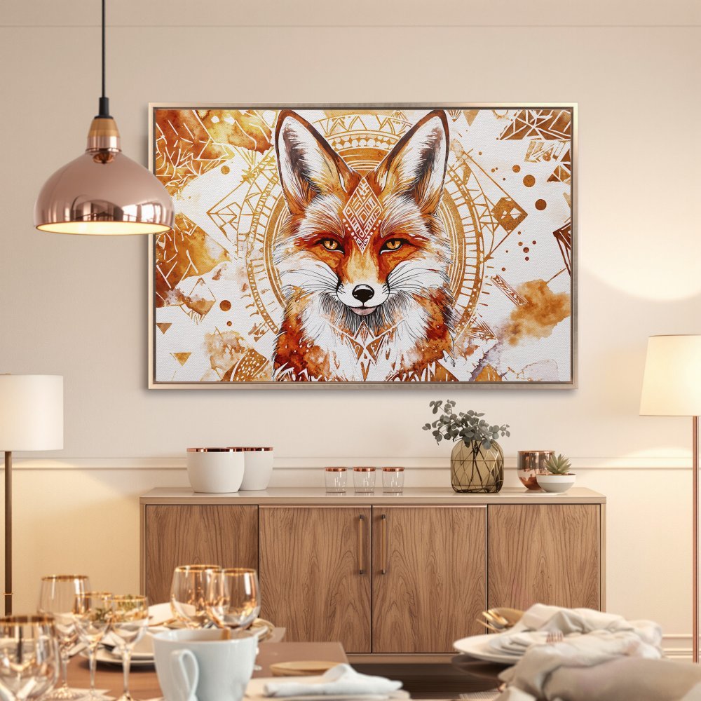 Framed Wall Art: Stunning watercolor fox portrait in warm orange and gold tones. Perfect for adding a touch of boho style to your home decor.