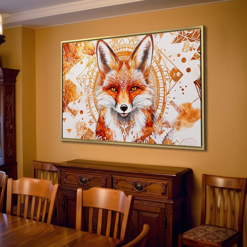 Canvas Print featuring a majestic fox in a watercolor style. Warm orange and gold tones create a stunning focal point for any room.