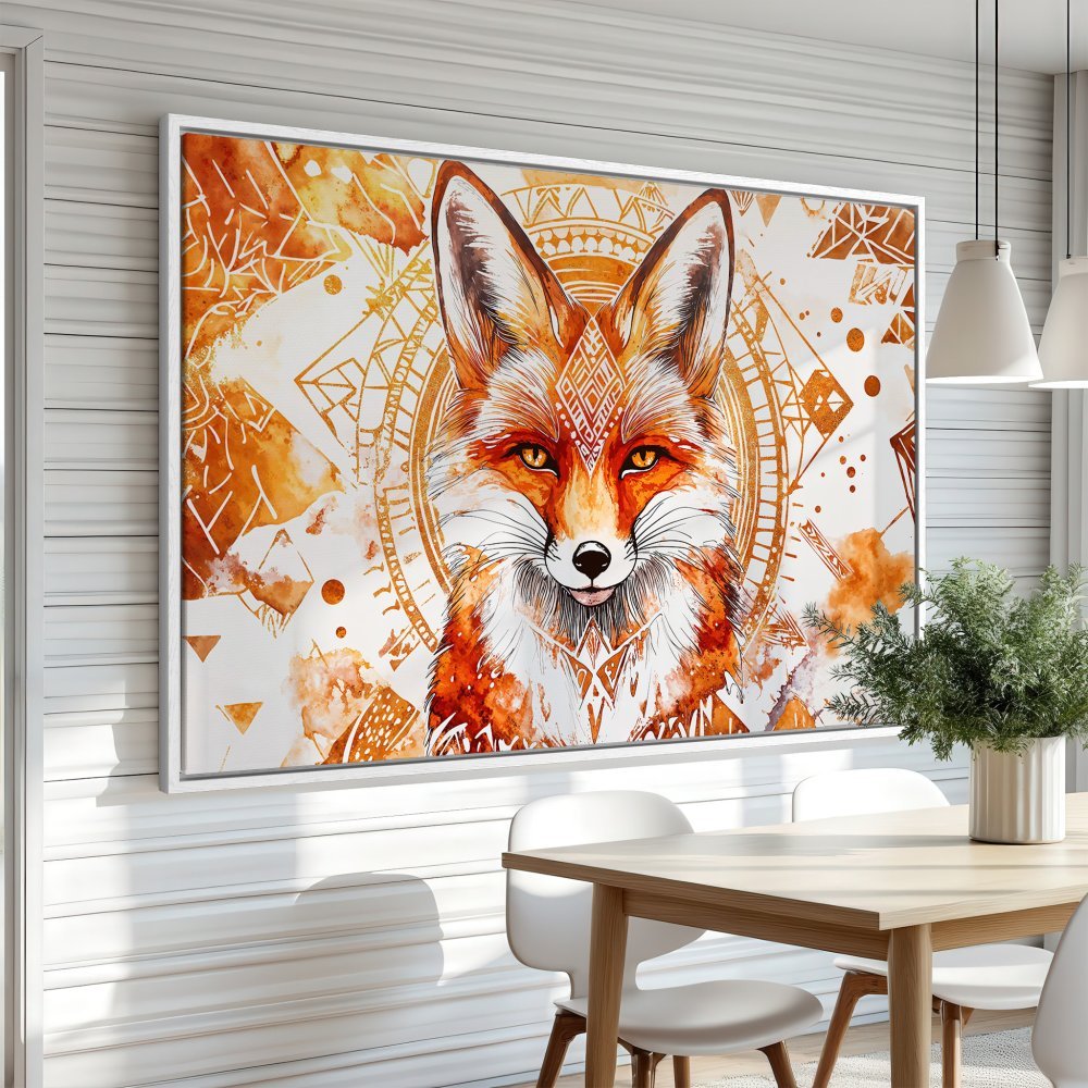 Framed Wall Art: Watercolor fox portrait in warm orange and gold tones. Boho style Canvas Print perfect for any room!