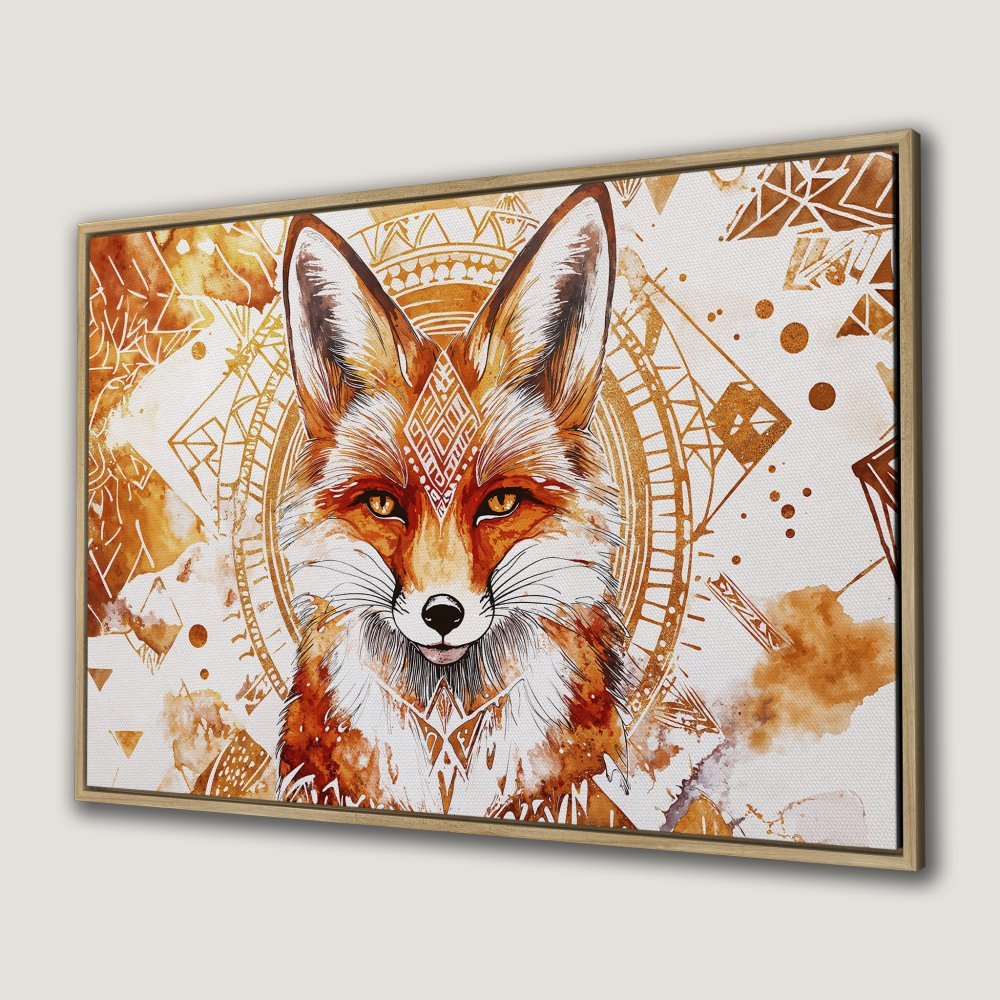 Framed Wall Art: Watercolor fox portrait with geometric accents in warm orange and gold tones. Perfect for boho decor.