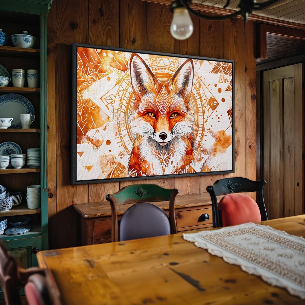 Framed Wall Art: Watercolor fox portrait in warm orange tones. Bohemian style Canvas Print adds a touch of nature to any room.