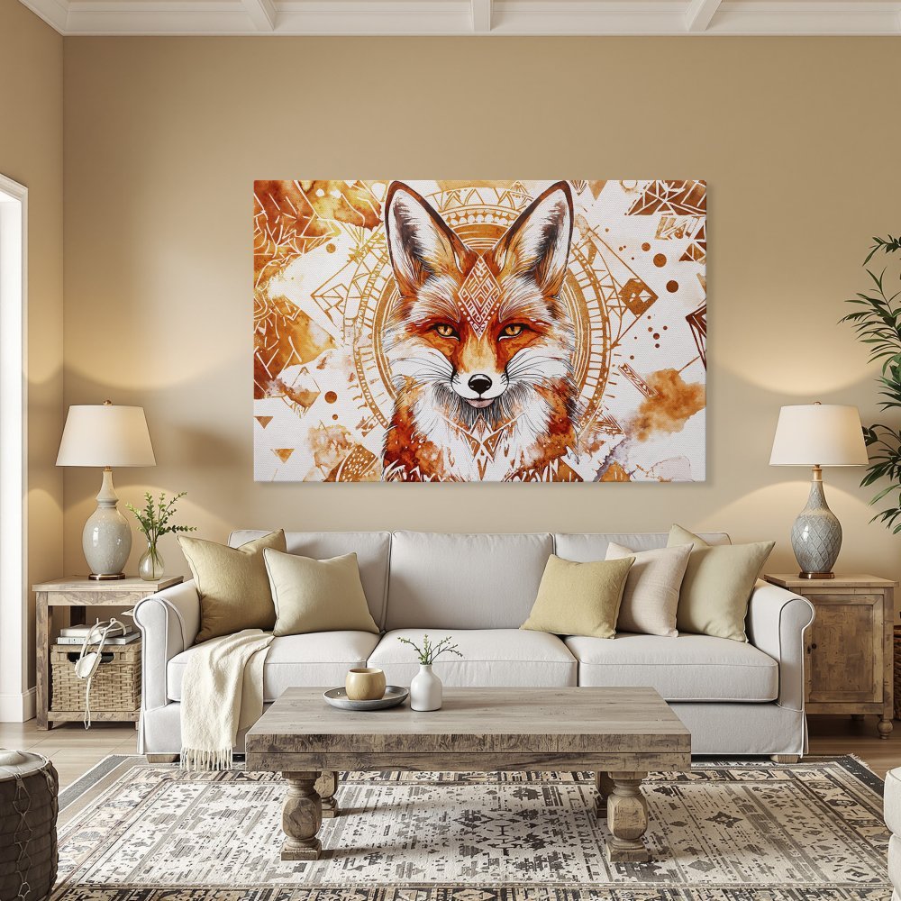 Framed Wall Art featuring a majestic fox in watercolor style. Warm orange and white color palette. Perfect for adding a touch of boho chic to your space.
