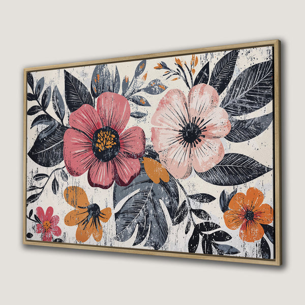 Framed Wall Art featuring a floral design with a distressed style, showcasing pink, orange, and gray hues. Perfect for adding a pop of color!