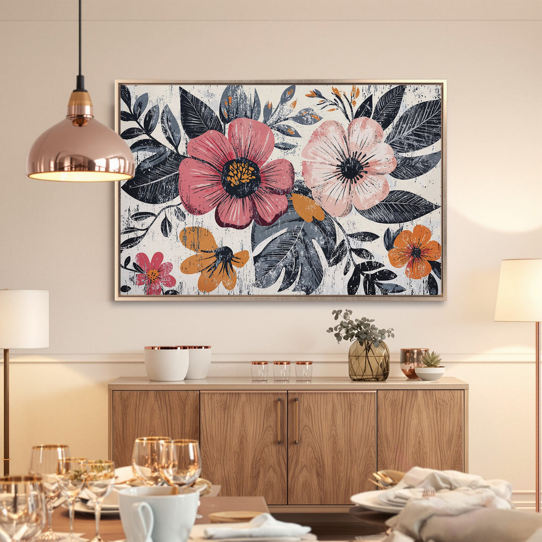 Framed Wall Art featuring vibrant floral design in pink, orange, and gray. Modern art for a stylish home. Shop now!