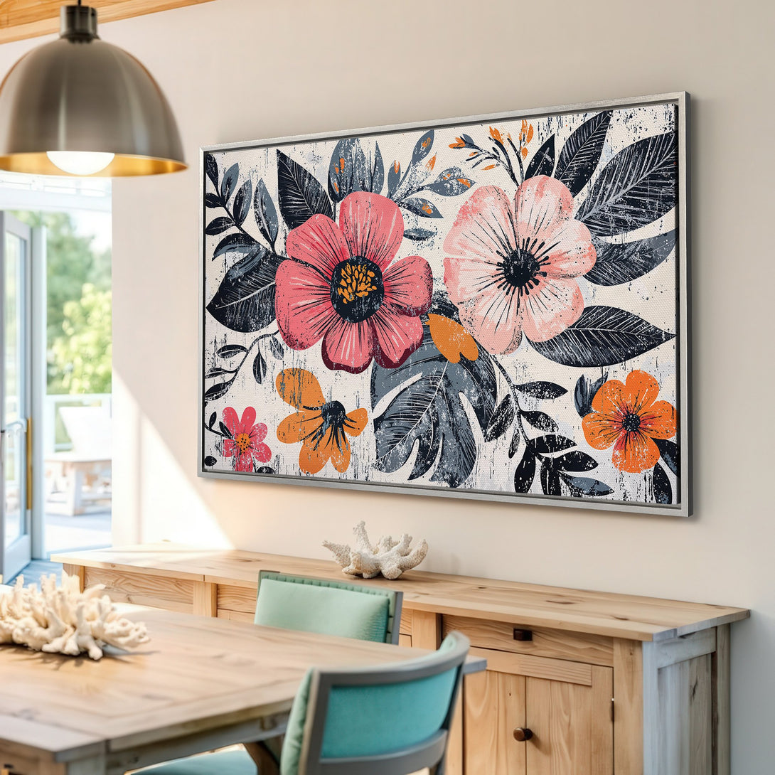 Framed Wall Art: Floral canvas print in a modern style, featuring pink, orange, and gray blooms. Perfect for adding a pop of color to your home!