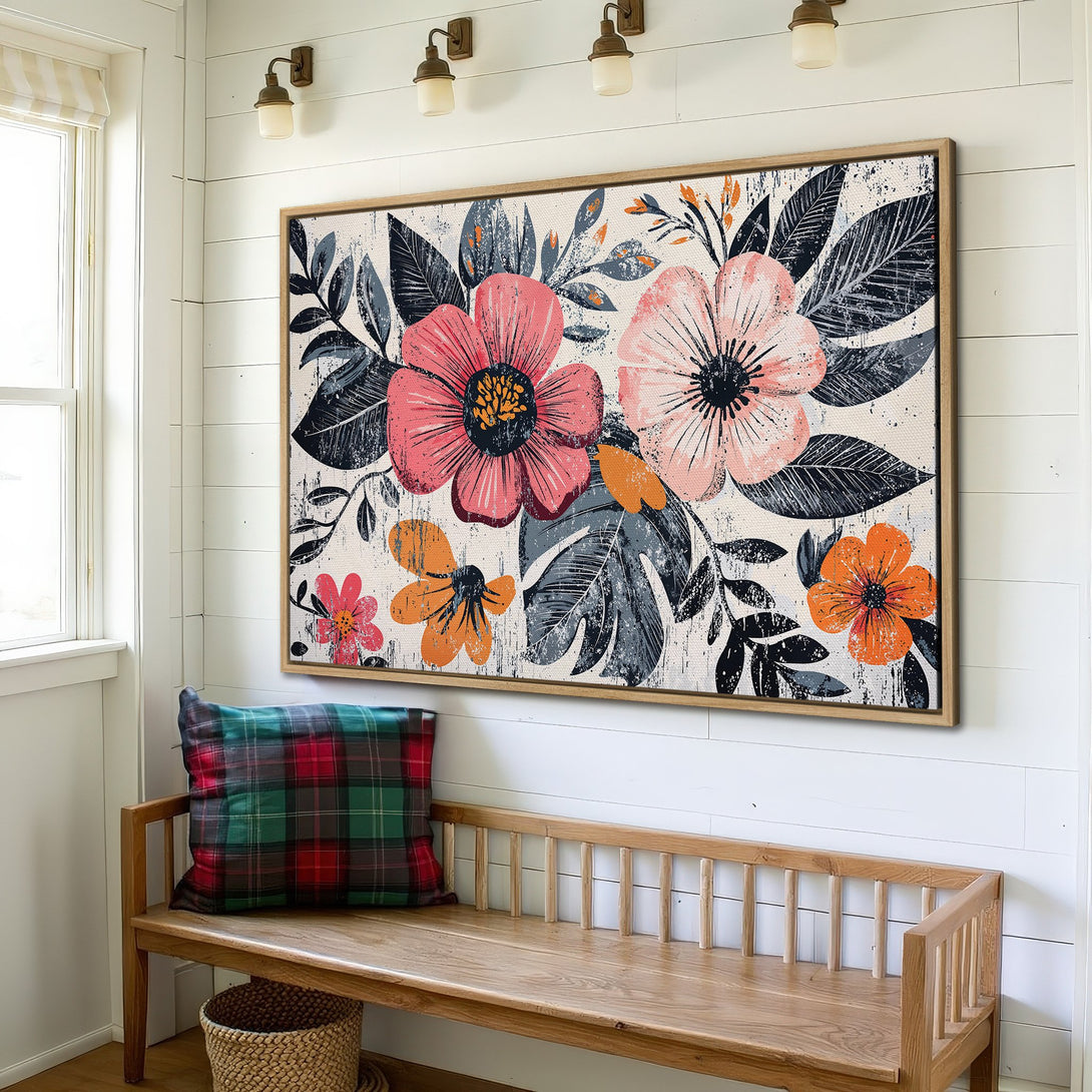 Framed Wall Art: Floral canvas print in a modern style with pink, orange, and gray tones. Perfect for adding a pop of color to your home decor!