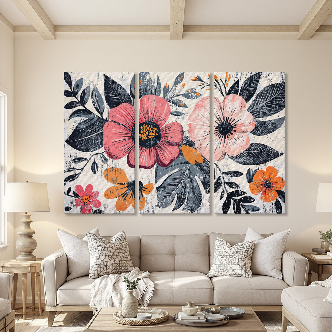 Canvas Print featuring a vibrant floral design in pink, orange, and gray, perfect for adding a touch of modern art to your living room.