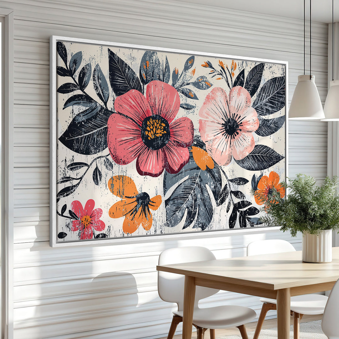 Framed Wall Art featuring vibrant floral art with a rustic, distressed style. Pink, orange, and grey color palette adds a pop of color to any room.