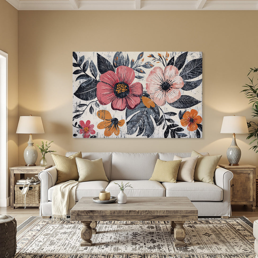 Framed Wall Art: Floral Canvas Print in pink, orange, and gray. Modern botanical art adds a pop of color to any room. Perfect for home decor.