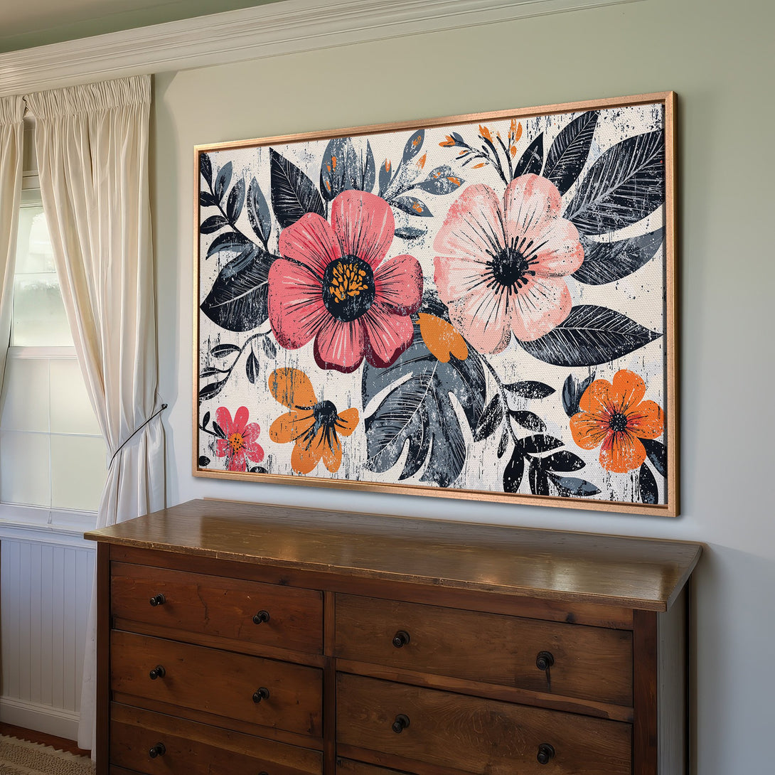 Framed Wall Art featuring vibrant floral design in pink, orange, and blue. Modern Canvas Print adds a pop of color to any room.