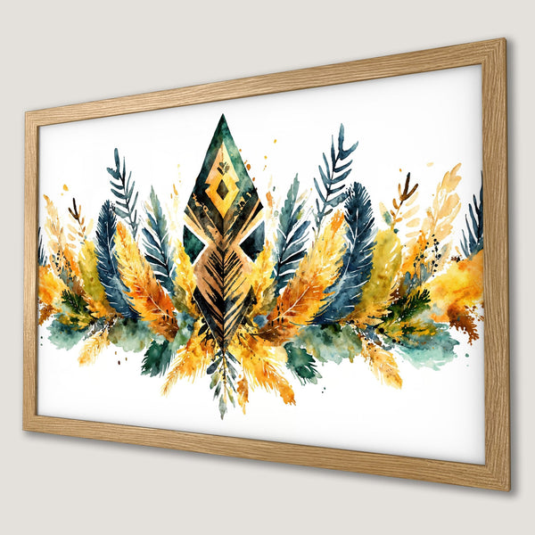 Framed Poster featuring watercolor feathers in warm yellow, blue, and green tones. Boho style art print.