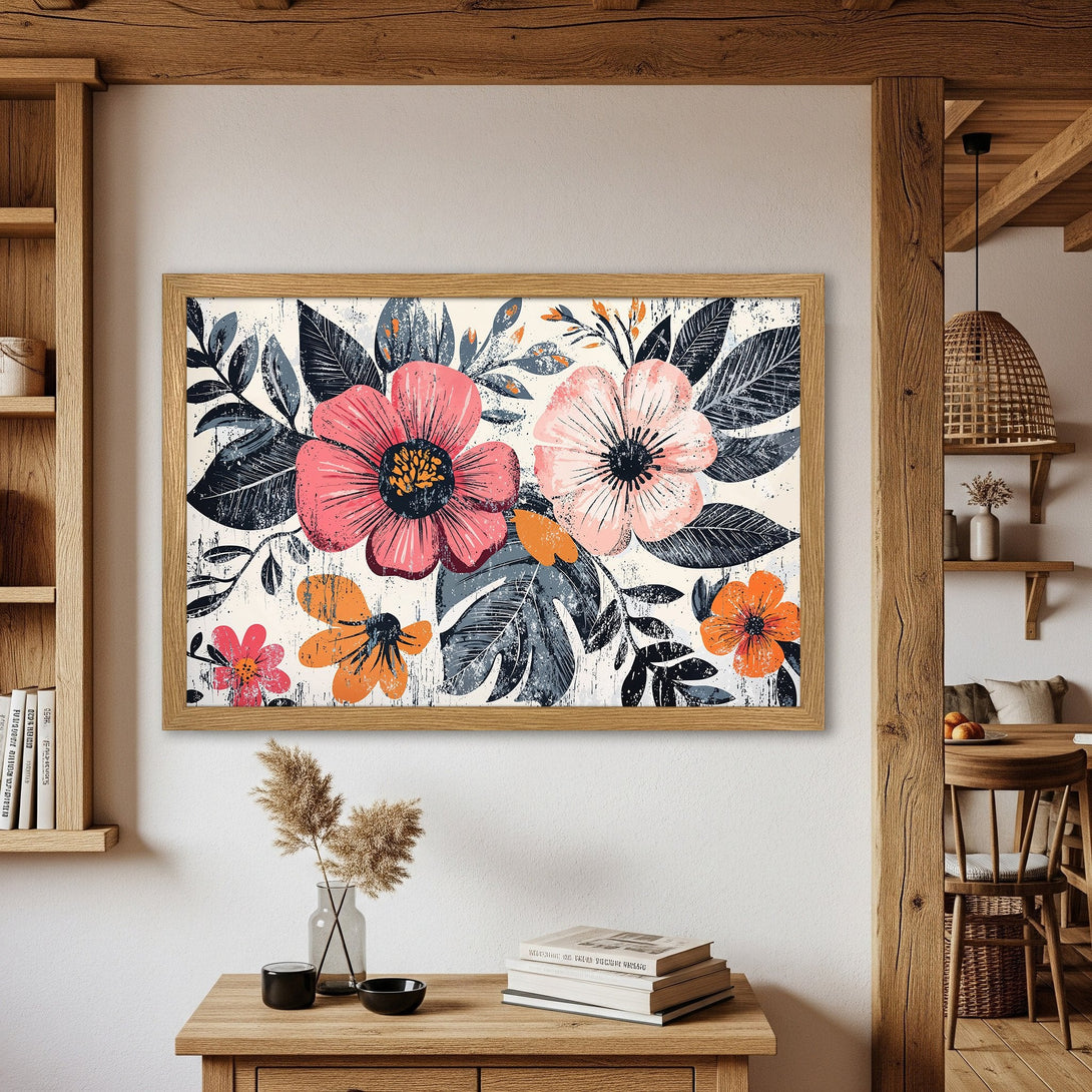 Framed Poster featuring floral art. Rustic style with pink, orange, and blue hues. Perfect wall decor for a cozy home.