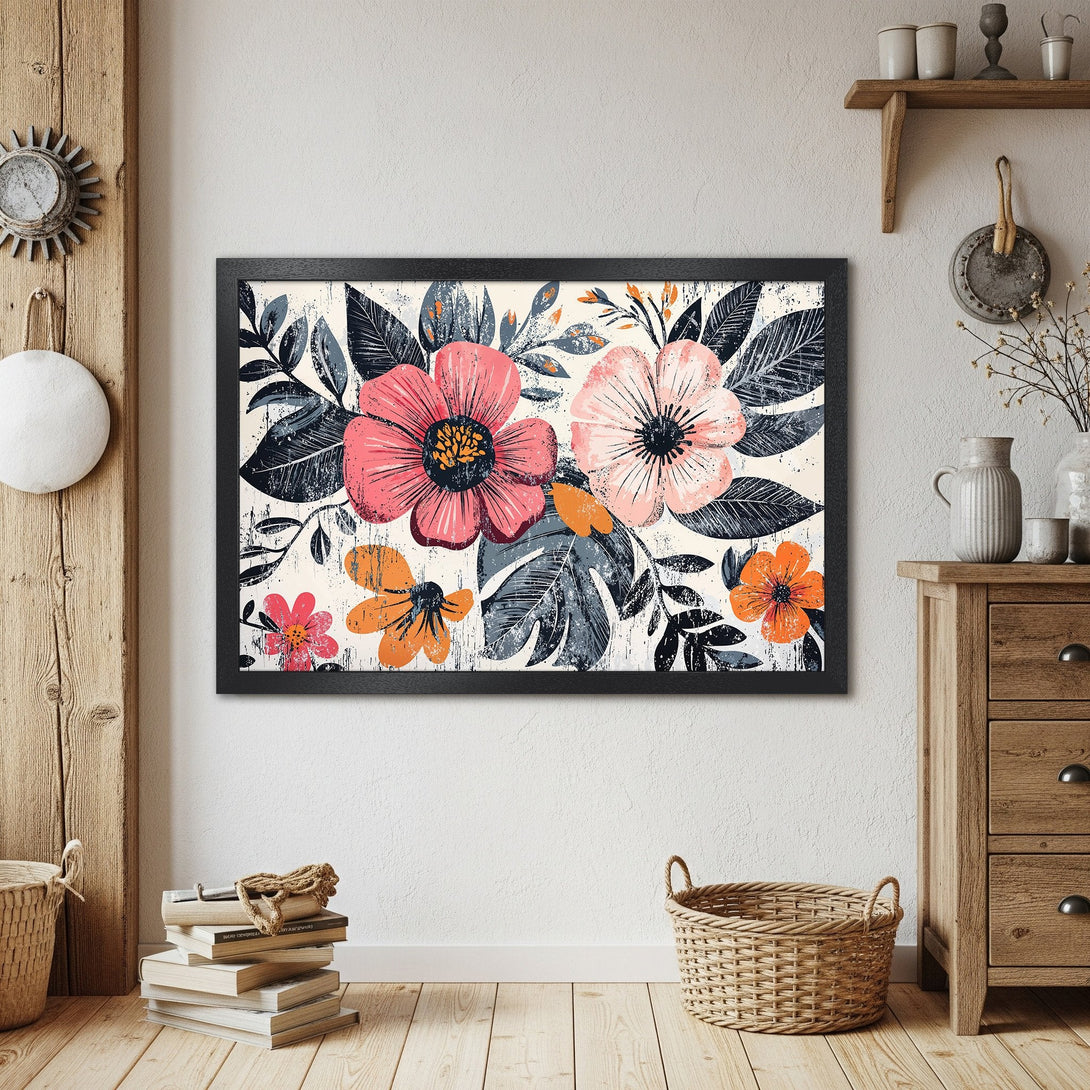 Framed Poster featuring vibrant floral art in pinks, oranges, and blues. Perfect for adding a touch of nature-inspired style to your home.